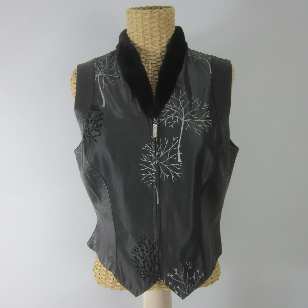 Vtg TAPP New York Womens M Black Gray Tree Print Lamb Leather Vest Fur Collar